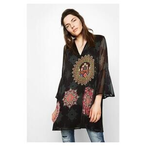Desigual Chiffon Medallion Dress Boho Bell Sleeve EU 36 US M Lined Euro Sheer
